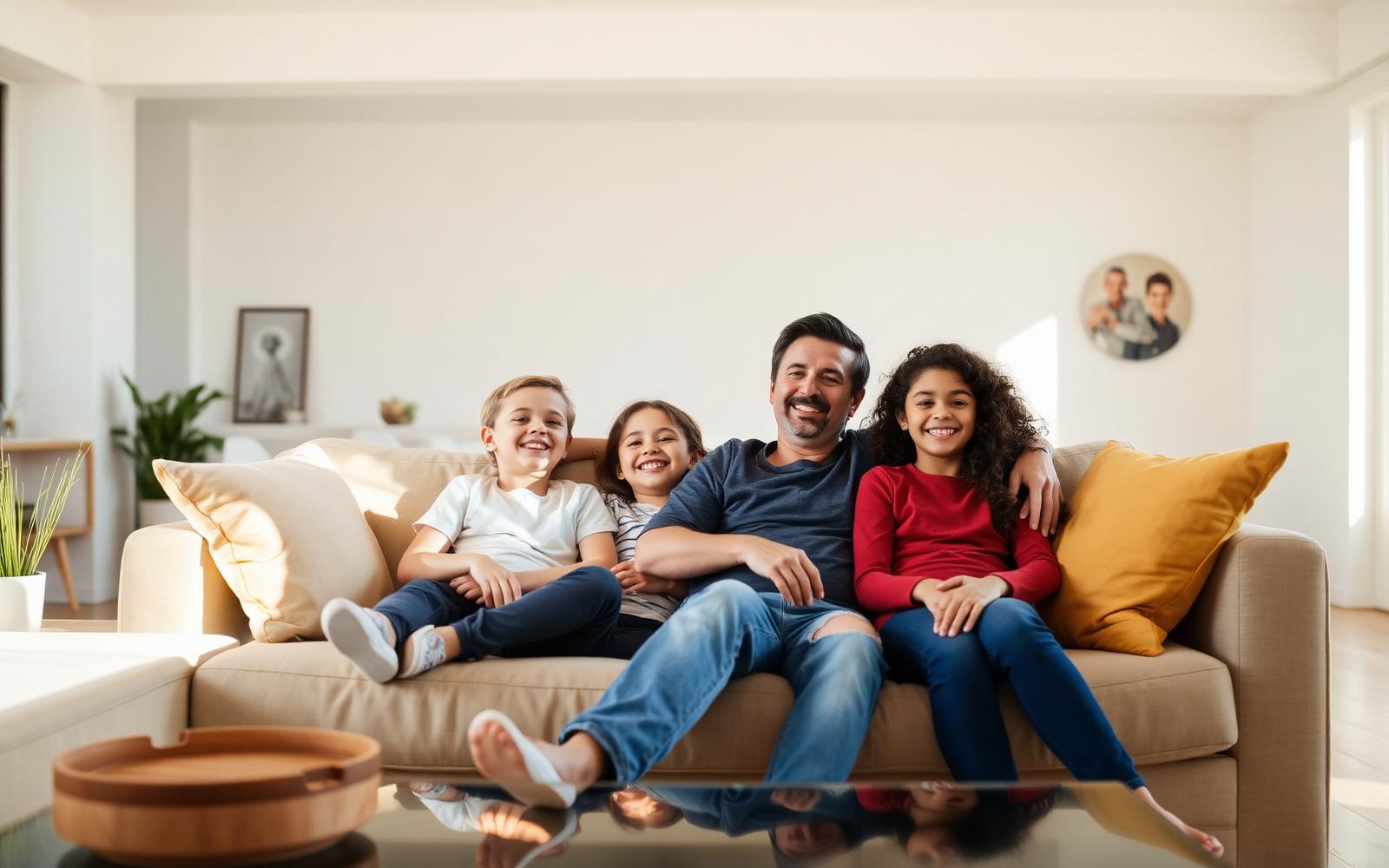 Family relaxing together in their freshly cleaned living room